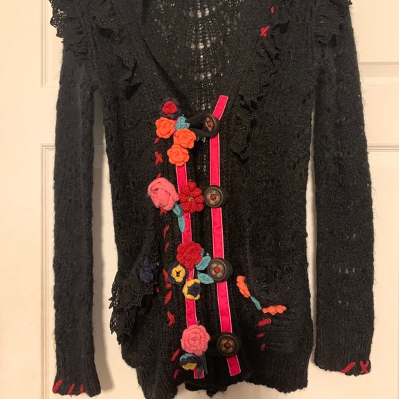 Vtg Betsey Johnson mohair lace ruffle sweater 90s cardigan anthro UO floral - Picture 5 of 8